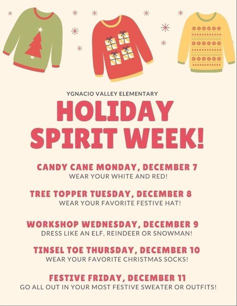 Winter Spirt Week Ideas, Holiday Dance Theme, Christmas Theme Week At Work, December Spirit Week, Fall Spirit Week Ideas For School, School Christmas Fundraiser Ideas, Office Holiday Activity Ideas, Christmas Themed Spirit Week, Christmas School Spirit Week Ideas