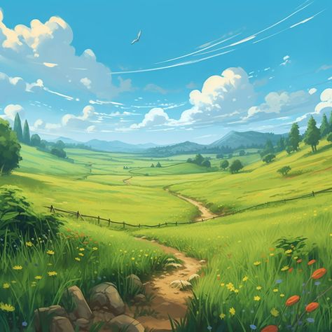 Plains Landscape Art, Painting Fields Landscapes, Grassy Field Drawing, Grassy Plains Concept Art, Farm Landscape Illustration, Fantasy Field Landscape, Grass Field Illustration, Fantasy Farmland Landscape, Farm Fields Landscapes