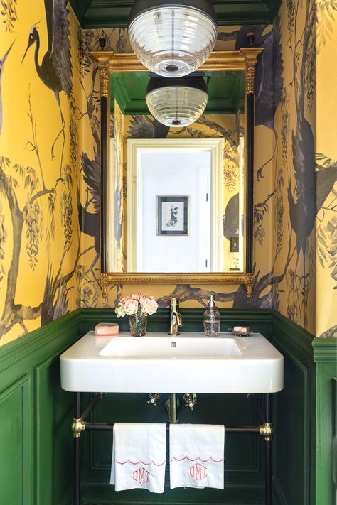 Have your seen the Jeweled Interiors home tour? colorful home, Jewel Marlowe Home Tour, summer 2020, jeweled interiors portfolio, wallpapered bathroom, yellow wallpaper, powder room Toilette Design, Powder Room Makeover, Console Sink, Downstairs Toilet, Powder Room Design, Decor Shabby Chic, Yellow Interior, Yellow Bathrooms, Brass Bathroom