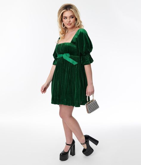 Smak Parlour Green Velvet Love Interest Babydoll Dress - Unique Vintage - Womens, DRESSES, BABYDOLL Dresses Materials, Love Interest, Green Velvet Dress, Plus Size Cocktail Dresses, Dress Unique, Shirred Dress, Womens Vintage Dresses, Wiggle Dress, Puffed Sleeves Dress