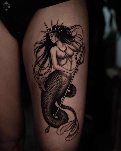 Blackwork Mermaid Tattoo, Siren Tattoo Traditional, Neo Traditional Mermaid, Siren Tattoo Dark Mermaid, Siren Tattoo Goddesses, Traditional Mermaid Tattoos, Traditional Mermaid, Siren Tattoo, Wrist Tattoo Cover Up