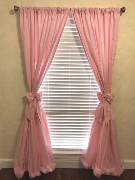 Curtain panels with tulle bottom skirt and rose petals. Price is for a pair of two panels with curtain bows. Panels are 40" wide with a 3" rod pocket and are available in 84" or 96" lengths. Custom lengths available; contact us with any questions. All items are made to order. Please allow 4 weeks production time. Don't see exactly what you are looking for? Contact us with any questions. Since our items are made to order we can make changes and customize the pieces just for you. Nursery Drapes, Rooms Decoration, Cute Curtains, Pink Room Decor, Pink Curtains, Nursery Curtains, Dekorasi Kamar Tidur, Custom Nursery, Cute Room Ideas