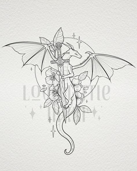 Fourth Wing x From Blood & Ash design for the lovely Kaylie 🌸🗡️ this little dragon is clutching Poppy’s dagger and is surrounded by violets & poppies 💐 love the whimsical feel of this one ✨ #fbaa #fourthwing #bookish Book Inspired Tattoos, Think Tattoo, Inspired Tattoos, Wing Tattoo, Dagger Tattoo, Dragon Tattoo Designs, Fourth Wing, Book Tattoo, Little Dragon