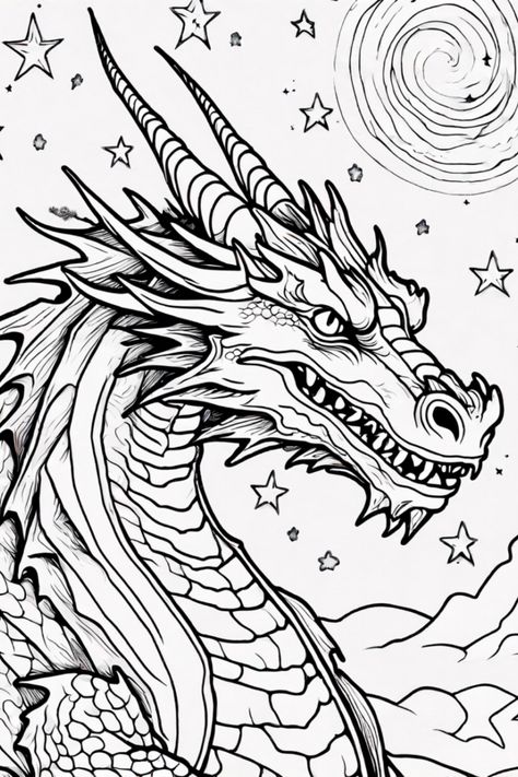 Unleash your creativity with our stunning Celestial Dragon coloring page! This fierce dragon, featuring sharp scales and a mouth full of teeth, is set against a breathtaking starry night sky. Enjoy the swirling moon and sparkling stars as you bring this majestic creature to life with your favorite colors. Perfect for adults and kids alike, this intricate design is great for relaxation and creativity Mythical Creatures Coloring Pages Free Printable, Celestial Coloring Pages, Dragon Colouring Pages, Mythical Creatures Coloring Pages, Dragon Coloring Pages Free Printable, Coloring Pages Dragon, Dragons Coloring Pages, Colouring Patterns, Fantasy Coloring Pages