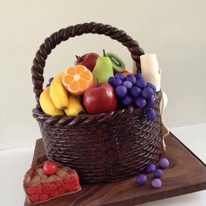 This cake was created for a local church who was having a celebration from a month long fast. The fruit are made out of RKT, the handle is made out of a 50/50 mixture of fondant and gum-paste Fruit Basket Cake, Basket Cake, Fruitcake Recipes, Tanah Liat, New Fruit, A Piece Of Cake, Crazy Cakes, Piece Of Cake, Special Cake