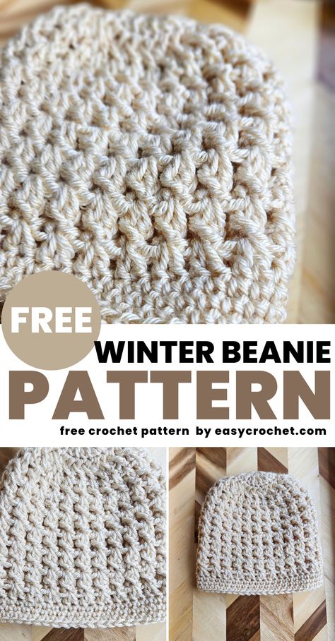 Learn how to crochet a beanie with this textured free crochet pattern! Crochet Hats Using Bulky Yarn, Crochet Hat For Beginners Free, Free Pattern Crochet Hats, Crochet Winter Beanie Free Pattern, Crochet Patterns For Girls Hats, Womans Crochet Hat Pattern Free, Waffle Stitch Beanie Free Pattern, Crochet Women's Hats Free Pattern, Free Crochet Pattern For Hats