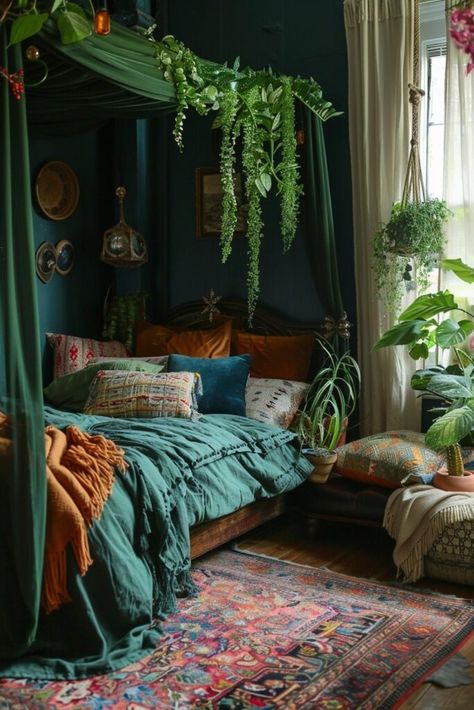 20 Enchanting Dark Green Bedroom Designs to Inspire You! - My Decor Inspo Deep Blue Green Bedroom, Dark Green And Gold Room, Dark Academia Green Bedroom, Green Whimsigoth Bedroom, Emerald Green Boho Bedroom, Maximalist Green Bedroom, Green And Copper Bedroom, Small Green Bedroom Ideas, All Green Bedroom