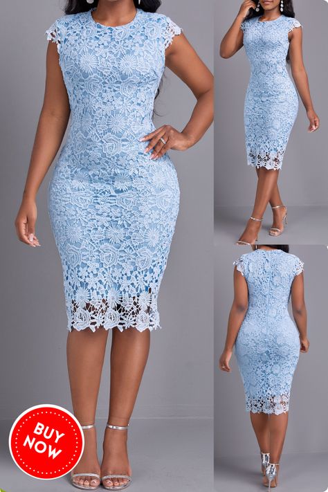 Look and feel your best in this light blue round neck lace bodycon dress! This stylish and elegant dress is perfect for any party occasion. The dress features a lace overlay, layered hem, zipper closure, and bodycon fit. It has short cap sleeves and a knee length. #lightbluedress #roundneckdress #lacedress #layerdress #zipperdress #bodycondress #capsleevedress #kneelengthdress #elegantdress #partydress #autumndress #bestdressed #fashionicon Knee Lenght Dress, Short Gown For Lace Style, Short Dress Styles Casual, All Lace Dress, Short Dress Lace Styles, Knee Length Lace Dress Classy, Short Gown For Lace, Lace Fitting Dress Styles, Short Gown Styles For Lace