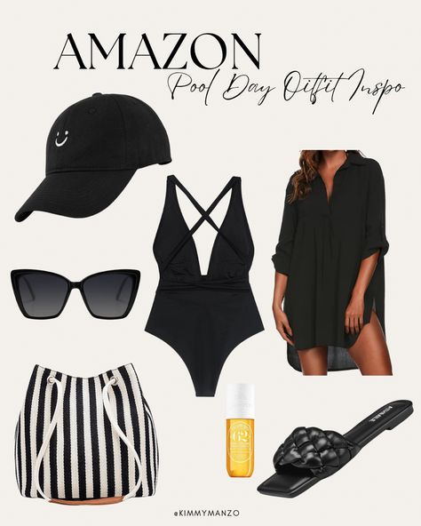 Pool Day Outfit Black Woman, Trendy Black Swimwear For Poolside, Black Bodysuit For Pool And Beach Season, Summer Pool Black Cover-up, Casual Black One-piece Swimwear For Pool, Black Swimwear With Upf 50+ For Poolside, Pool Day Outfit, Pool Outfit, Fashion Midsize