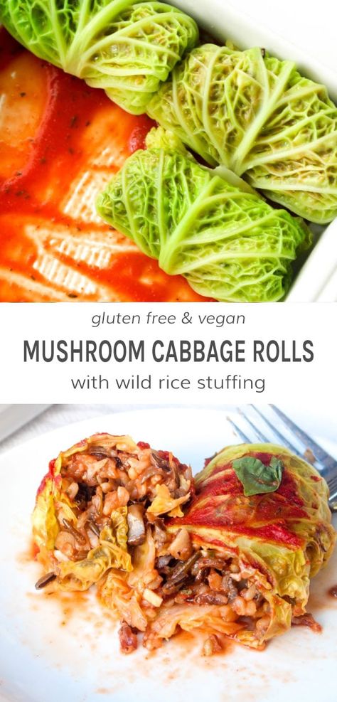 These Cabbage Rolls are filled with a savory wild rice and mushroom stuffing in a fragrant tomato sauce. They are a delicious vegan and gluten free meal! #cabbagerolls #stuffedcabbage #wildrice #mushroomrecipe #toamtosaucerecipe #tomatosauce #cabbagerecipe #glutenfreerecipe #veganrecipe | DarnGoodVeggies.com Mushroom Cabbage, Vegetarian Cabbage Rolls, Wild Rice Mushroom, Wild Rice Stuffing, Mushroom Stuffing, Rice Stuffing, Rice Rolls, Mushroom Rice, Stuffed Cabbage