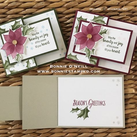 Alaska Incentive Trip Card Swap • Bonnie Stamped Stylish Christmas Cards, Winter Karten, Christmas Cards 2018, Poinsettia Cards, Holiday Stamping, Homemade Christmas Cards, Stampin Up Christmas Cards, Diy Christmas Cards, Fancy Fold Cards