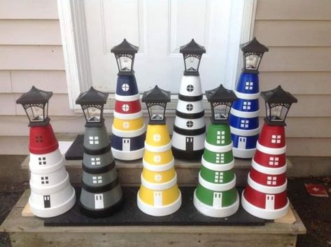 Clay Pot Lighthouse, Lighthouse Crafts, Terra Cotta Pot Crafts Diy, Solar Lights Diy, Lighthouse Decor, Clay Pot Projects, Clay Pot People, Terra Cotta Pot Crafts, Painted Clay Pots