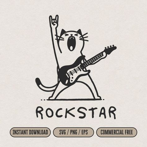 Dancing Cats Illustration, Cat Playing Electric Guitar, Rock And Roll Wall Art, Rockstar Cat Drawing, Music Svg Free, My Cat Is A Rockstar, Rock N Roll Poster, Rockstar Cat, Cat With Guitar