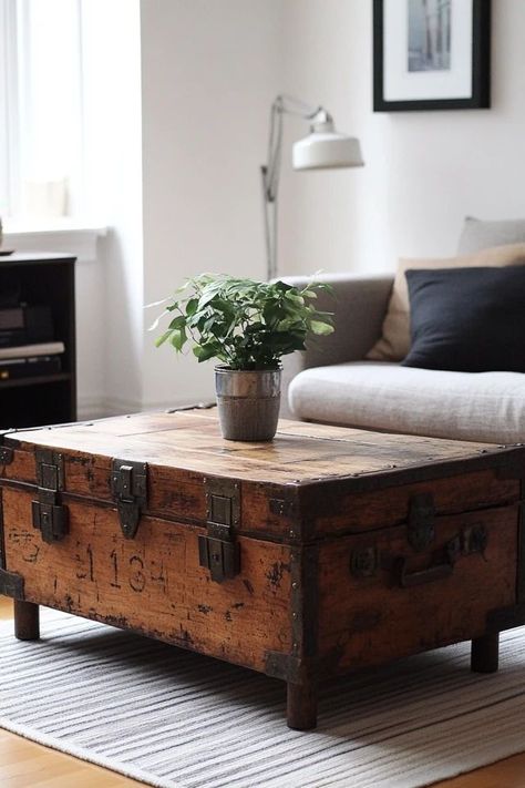 "Turn an old trunk into a stunning Coffee Table with this DIY upcycling project! 🛠️☕ Perfect for adding vintage charm to your living room. #UpcycledFurniture #DIYCoffeeTable #VintageInspiration" Vintage Coffee Table Decor, Table Decor Rustic, Adding Storage, Vintage Decor Ideas, Upcycling Furniture, Old Trunks, Vintage Coffee Table, Coffee Table Trunk, Stylish Coffee Table