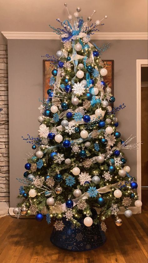 Christmas Decor Ideas Blue White And Silver, Small Blue Christmas Tree, Blue Ornament Christmas Tree, Silver White And Blue Christmas Tree, Blue Christmas Tree Ideas Color Schemes, Baby Blue Christmas Tree Decorations, Blue Sliver White Christmas Tree Decor, Christmas Tree Ideas Blue And White, Blue Silver And White Christmas Decor