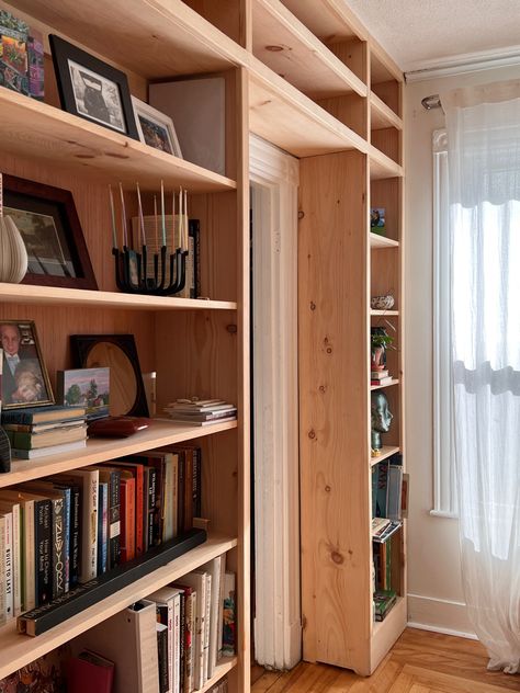 Wall Sized Bookshelves, Full Wall Shelves, Natural Wood Built In Bookshelves, Full Shelf Wall, Homemade Library Bookshelves, Full Wall Shelf, Whole Wall Shelves, Diy Wall Bookshelf, Whole Wall Bookshelves