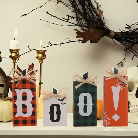 PRICES MAY VARY. UNIQUE DESIGN: This Halloween desktop decoration is composed of four wooden blocks printed with "BOO!", which can bring a rich festive atmosphere to your home. It will add a unique artistic atmosphere to your home, adding warmth and joy to your room. SIZE: These Halloween desktop decorations come in sizes of "B" 14.4 cm/5.66 inches, "0" 9.8 cm/3.85 inches, "0" 13.7 cm/5.39 inches, and "!" 15 cm/5.9 inches. It has a suitable size and can be placed on shelves, counters, or as the Wooden Halloween Crafts, Wood Block Decor, 50s Decor, 2x4 Crafts, Indoor Party, Boo Sign, Halloween Wood Crafts, Farmhouse Halloween, Halloween Rocks