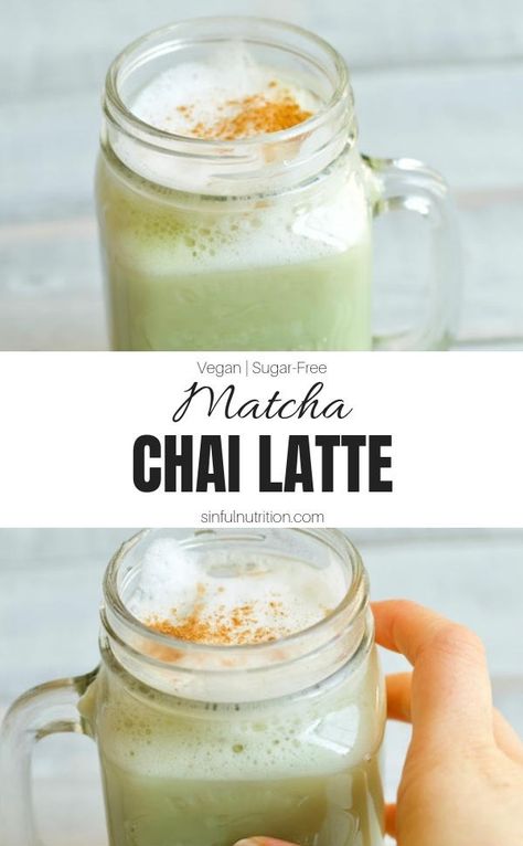 A quick and easy recipe for a matcha chai latte using almond milk, matcha powder, chai tea, and cinnamon. No added sugar, and vegan-friendly! | @sinfulnutrition #sinfulnutrition #veganmatchalatte #homemadematchalatte #chailatterecipe Chai Latte Recipe, Matcha Green Tea Recipes, Green Tea Recipes, Matcha Drink, Green Tea Latte, Matcha Recipe, Vegan Sugar, Iced Matcha, Latte Recipe