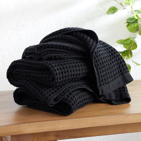 Black Waffle Weave Cotton Towel Collection - World Market Black Towels, Free Tote, Cotton Hand Towels, Towel Collection, Cotton Bath Towels, Bath Sheets, Waffle Weave, World Market, Cotton Towels