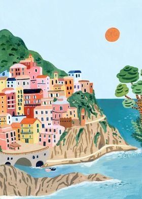 Metal Poster Displate "Cinque Terre Italy Europe"|#sketch #style #arte #happy #cute #draw #art #artist #love #drawing #artprints #artaesthetic #artinspiration #artideas Plakat Design Inspiration, Brooklyn House, Italy Art Print, Collage Mural, Cinque Terre Italy, Lambada, Travel Postcard, Italy Art, Travel Illustration