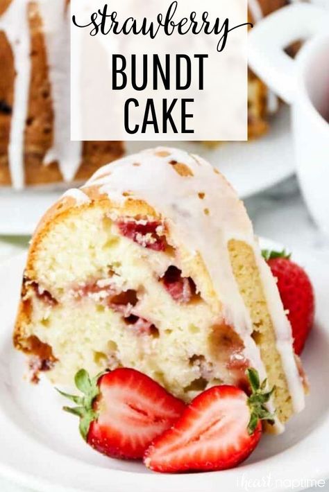 Strawberry Sour Cream Cake - Perfectly moist, soft and filled with fresh strawberries. Topped with a sweet lemon glaze to make the ultimate summer cake recipe! #strawberry #strawberries #strawberrycake #strawberryrecipes #sourcream #bundtcake #bundt #cake #cakerecipes #summerdesserts #recipes #iheartnaptime Bundt Cake Sour Cream, Cake Sour Cream, Strawberry Bundt Cake, Summer Cake Recipes, Summer Cake, Sour Cream Cake, Pound Cake With Strawberries, Lemon Glaze, Salty Cake