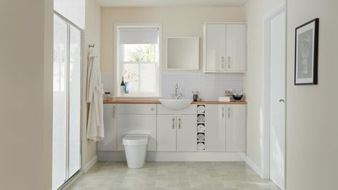 Greenwich Gloss White | Howdens Joinery Howdens Bathrooms, Bathroom Cabinet Ideas, Bathroom Cabinets Diy, Best Bathroom Designs, Bathroom Inspiration Modern, Fitted Bathroom, Bathroom Furniture Vanity, Kitchen Bathroom Remodel, Bathroom Photos