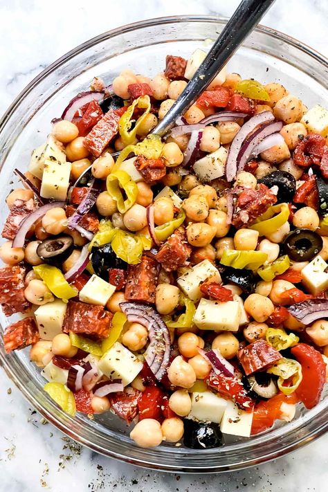 Italian Chickpea Salad | foodiecrush.com Dense Bean Salad With Chicken, Prenatal Recipes, Italian Chickpea Salad, Side Dishes For Dinner, Dishes For Dinner, Bean Salads, Easy Vegetable Side Dishes, Pepperoncini Peppers, Chickpea Salad Recipes