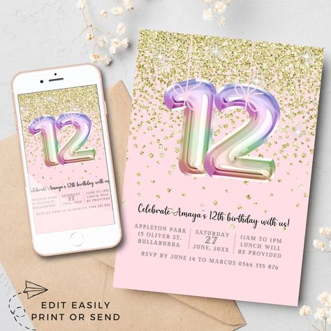 Girls 12th Birthday Invitation Template Glitter Party Invite Rainbow Foil Balloons Pretty Pink Gold twelfth Birthday Instant Download Digit by InviteMia on Etsy Twelfth Birthday, Girl Birthday Party Invitations, Black Invitation, Glitter Party, Birthday Invitation Template, 12th Birthday, Girls Birthday, Party Invite, Foil Balloons