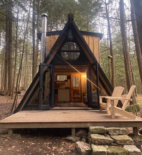 A Frame Tiny Home Plans, Off Grid A Frame Cabin, Off Grid Air Bnb, Off Grid A Frame, A Frame Tiny House, Prefab Granite Countertops, Tiny House Airbnb, Tiny A Frame Cabin, Perth Ontario