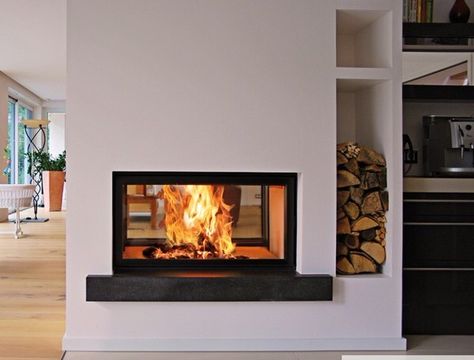 Snug Ideas, Double Sided Log Burner, Wood Burning Stoves Living Room, Log Burner Living Room, Room Partitions, Inset Stoves, Wood Burners, Double Sided Stove, House Farm