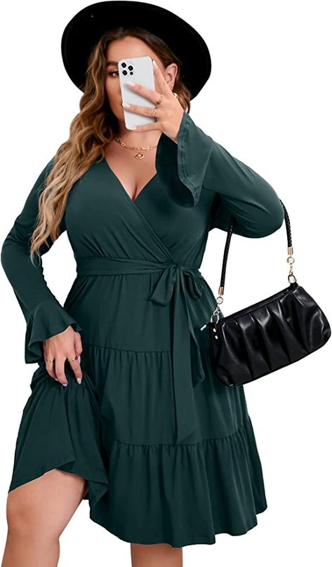 a cute go-to dress thats super flattering Neck Wrap Dress, Long Sleeve Boho Dress, Winter Wedding Guest Dress, Midi Dress Fall, Dresses Casual Winter, Flowy Design, Elegant Midi Dresses, Belt Dress, Ruffle Long Sleeve