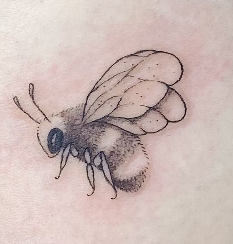 Cute Honey Bee Tattoo, Bumblebee Flower Tattoo, Fluffy Bee Tattoo, Bee Line Tattoo, Simple Bee And Flower Tattoo, Single Needle Bee Tattoo, Cartoon Bee Tattoo, Small Bee With Flower Tattoo, Black And White Bumble Bee Tattoo