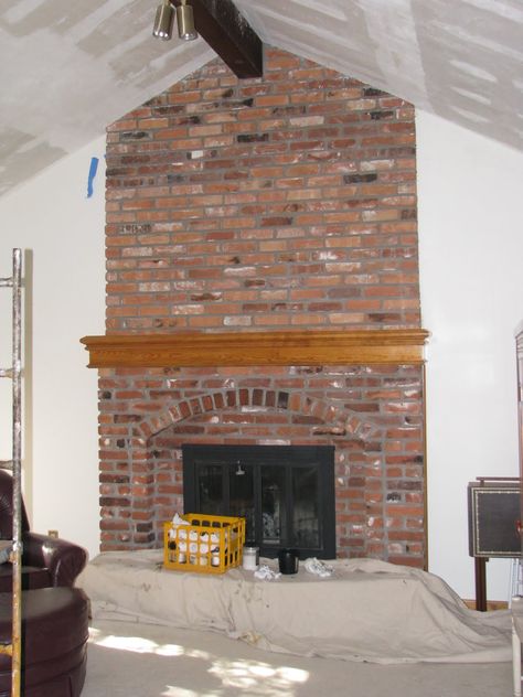 (Fireplace BEFORE) I will start by saying I lovvvvvvvvvvve brick fireplaces. And I love floor to ceiling brick fireplaces even more.But, I don't love the " Floor To Ceiling Brick Fireplace, Brick Fireplace Remodel, Floor To Ceiling Fireplace, Airstone Fireplace, Brick Fireplace Wall, Ceiling Fireplace, Beams Living Room, Red Brick Fireplaces, Porch Styles