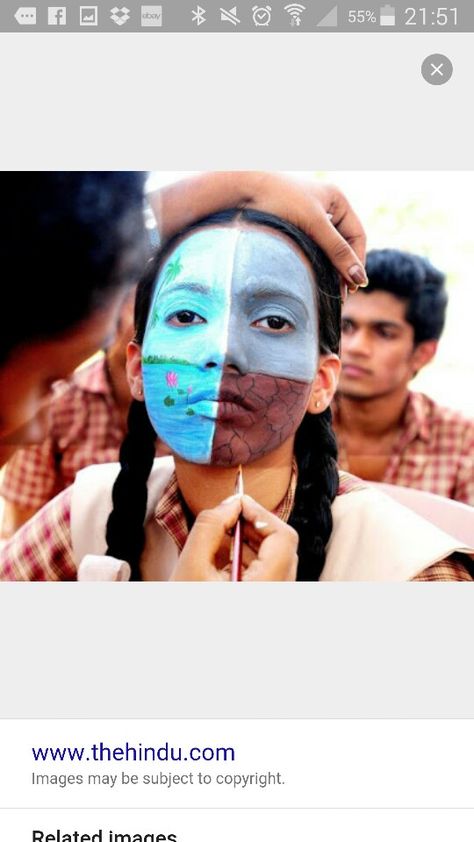 Face paint Earth Face Painting, Face Painting Competition, Face Art Painting, Save Planet Earth, Face Art Makeup, Painting Competition, The Hindu, Small Canvas Art, Small Canvas