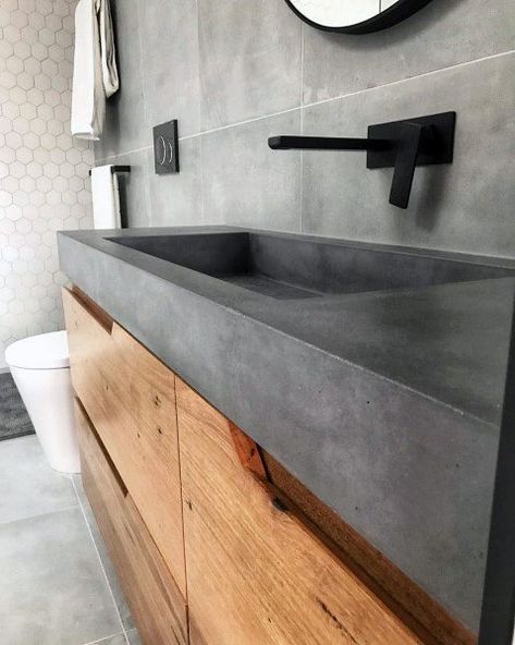 Top 70 Best Bathroom Vanity Ideas - Unique Vanities And Countertops Gray Countertops Bathroom, Bathroom Grey Countertop, Grey Bathroom Countertops, Recipes Quiche, Gray Countertops, Concrete Bathroom Sink, Bathroom Sink Bowls, Bathroom Vanity Ideas, Concrete Vanity