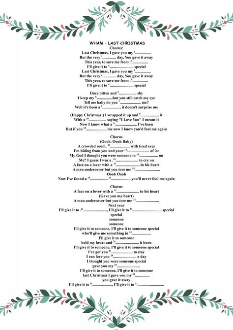 This is a fun gap fill worksheet for the lyrics of the song "Last Christmas" by Wham. Last Christmas Song Lyrics, Lyrics Worksheet, Last Christmas Song, Last Christmas Wham, Last Christmas Lyrics, Volcano Pictures, Snowman Writing, Teach English Online, Christmas Songs Lyrics