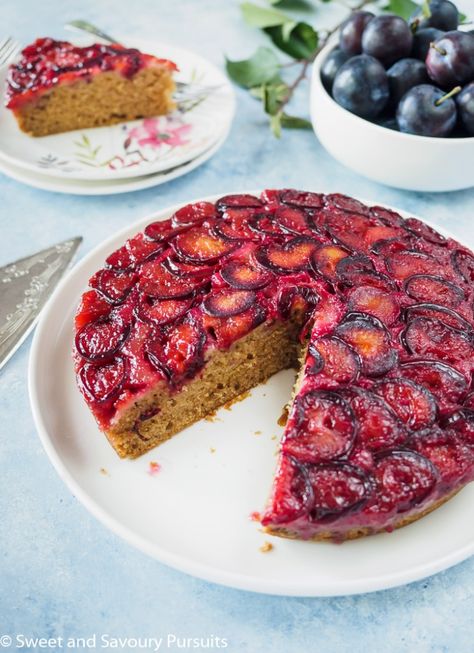 This beautiful Plum Upside-Down Cake is delicious and easy to make. The cake recipe is versatile and can be used to make a variety of upside-down cakes. #PlumUpsideDownCake #UpsideDownCake #PlumCake #Dessert #SweetandSavouryPursuits Plum Upside Down Cake, Plum Torte, Oatmeal Crisp, Spiced Cake, Plum Recipes, Butterscotch Sauce, Cake Rack, Plum Cake, A Piece Of Cake