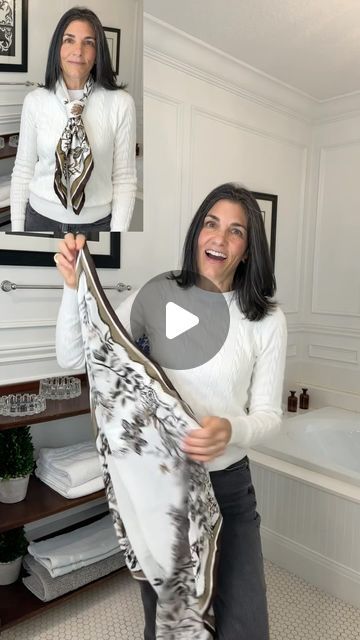 Karen Harrow on Instagram: "How to tie your #scarf into a neck tie knot #scarves #style #howto #scarftutorial @sarahflint_nyc scarf" How To Tie Handkerchief Around Neck, Tying A Long Scarf, How To Tie A Silk Scarf Around Your Neck, Tie Scarf How To Neck Scarves, How To Tie A Large Square Scarf, Rectangular Silk Scarf Tying, Rectangle Silk Scarf Tying Ideas, Scarf Tying Ideas, Small Square Silk Scarf Tying