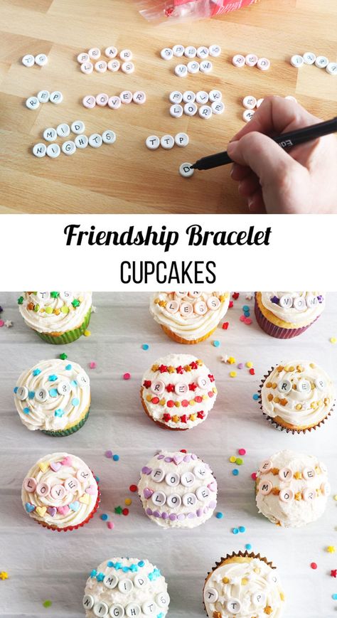 Taylor Swift Inspired Friendship Bracelet Cupcakes. Make some adorable cupcakes with friendship bracelet sprinkles on top. Taylor Swift Inspired Dessert, Friendship Birthday Party, Friendship Bracelet Birthday Cake, Friendship Bracelet Cupcakes, Lover Cupcakes Taylor Swift, Taylor Swift Cupcake Cake, Taylor Swift Friendship Bracelet Cake, Taylor Swift Inspired Cupcakes, Taylor Swift Deserts