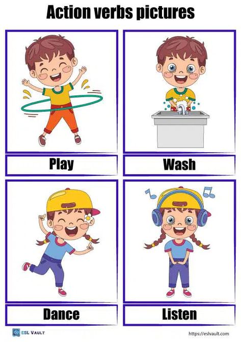 44 free printable action verbs pictures PDF cards - ESL Vault Action Pictures For Kids, Verbs Flashcards Free Printable, Action Words With Pictures, Action Words For Kids, Action Verbs Flashcards, Opposites Flashcards, Verb Vocabulary, Action Verbs Worksheet, Verbs For Kids