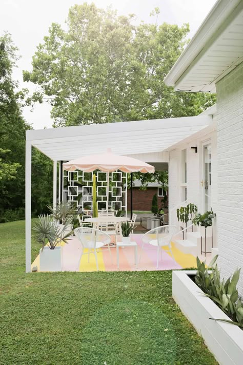 Mid Century Pergola, Paint Concrete Patio, Pergola Diy, Patio Privacy, Modern Pergola, Painted Patio, Backyard Privacy, A Beautiful Mess, Diy Pergola