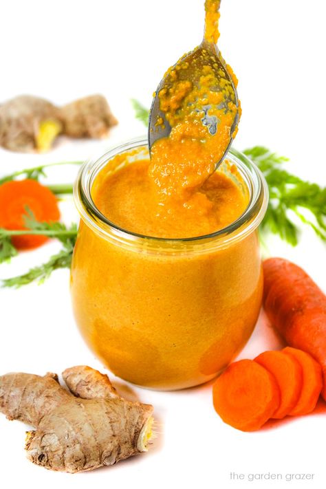 Carrot Ginger Miso Dressing (Oil-Free!) - The Garden Grazer Ginger Miso Dressing, Miso Salad Dressing, Miso Salad, Vegan Salad Dressing Recipes, Oil Free Salad Dressing, Garden Grazer, Carrot Dressing, Carrot Ginger Dressing, Dressing Simple