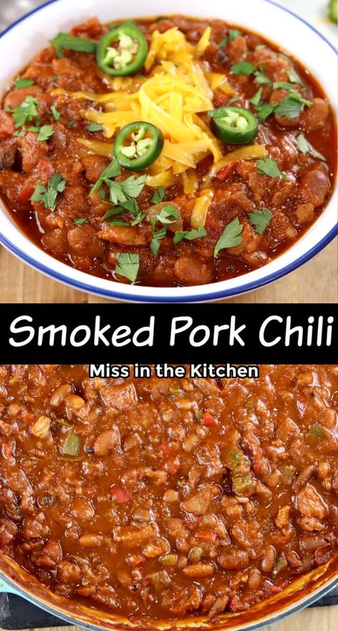 Smoked Pork Chili, Smoked Chili Recipe, Pulled Pork Chili Recipe, Game Day Chili, Pork Chili Recipe, Pulled Pork Chili, Smoked Pork Recipes, Smoked Chili, Smoked Pork Loin