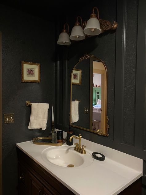 Moody Bathroom Ideas, Dark Academia Home, Bathroom Wall Colors, Moody Bathroom, Dark Bathroom Ideas, Dark Bathrooms, Living Room Furniture Layout, Bathroom Remodel Pictures, Dark Home Decor