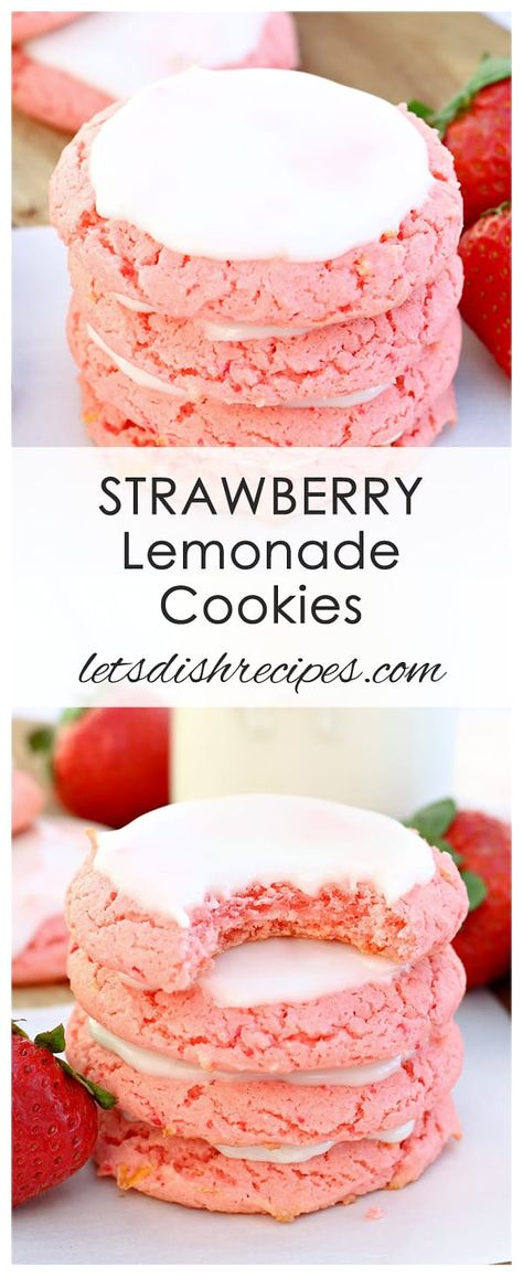 Easy Strawberry Lemonade Cookies | Let's Dish Recipes Lemonade Beyonce, Strawberry Lemonade Cookies, Lemonade Cookies, Easy Strawberry Lemonade, Strawberry Cake Mix Cookies, Lemon Crinkle Cookies, Coconut Dessert, Cookie Decorations, Strawberry Cookies