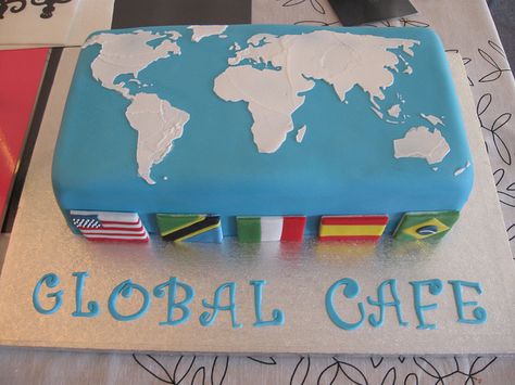 For our end of the year geography party? Geography Party, World Map Cake, Map Cake, Globe Cake, Earth Cake, Travel Cake, Travel Party Theme, Flag Cake, 50th Birthday Cake