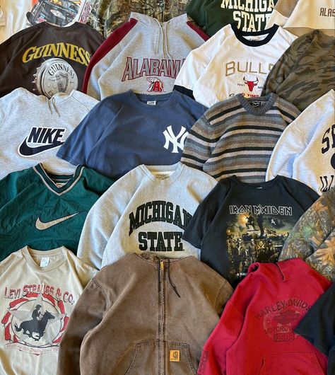 Shop our vintage collection here! Vintage Hoodies Aesthetic, Hoodie Wallpaper, Baseball Jacket Outfit, Rockstar Fashion, Thrift Wishlist, 90s Fashion Men, Hoodies Aesthetic, Popular Clothing, Modern Clothing