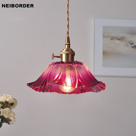 Nordic Style Flower Shape Colorful Glass Pendant Light With Switch for Bedroom Living Room Kitchen Bar Hanging Lamp Fixture - AliExpress Chandelier Ideas, Camellia Flower, Copper Lamps, Glass Light, Brass Lamp, Design Floral, Lamp Holder, Flower Pendant, Styl Vintage