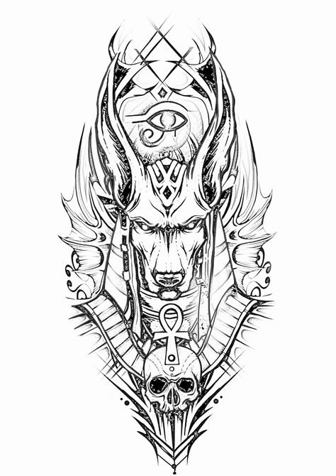 Anubis Back Tattoo Design, Set Egyptian God Tattoo, Anubis Drawing Egyptian Art, Ancient Egyptian Art Drawing, Anubis Tattoo Design Sketch, Anubis Tattoo Stencil, Anubis Tattoo Design Ideas, Egypt Tattoo Design Ideas, Anubis Tattoo Design