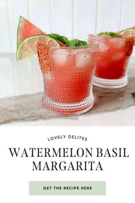 This Watermelon Basil Margarita is the perfect refreshing summer cocktail! You can use plain tequila or jalapeno tequila like I did for added flavor and a touch of heat. This fruity cocktail recipe uses fresh ingredients like watermelon slices and fresh basil. Healthier Cocktails, Jalapeno Tequila, Basil Drinks, Basil Margarita, Fruity Cocktail Recipes, Watermelon Basil, Basil Cocktail, Watermelon Cocktail, Fruity Cocktail